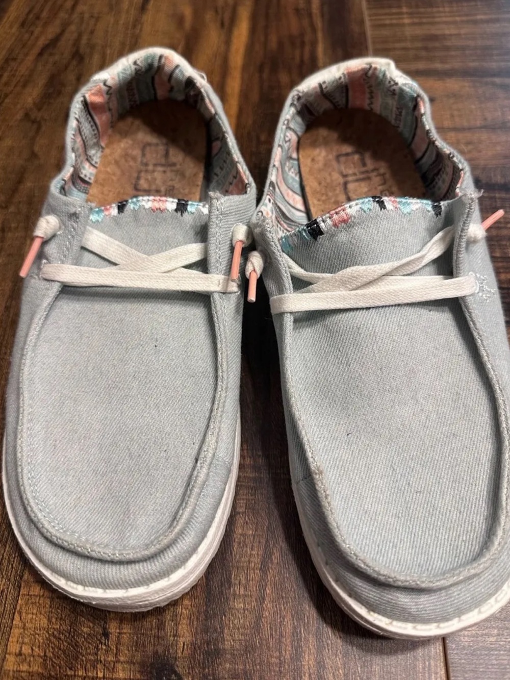 Hey Dude Light Gray Canvas Slip-On Sneakers with Pink Accents